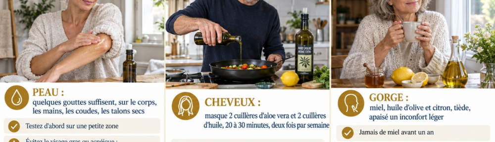 Intérieur français lumineux organisé en trois scènes — une femme réelle d'environ 38 ans masse quelques gouttes d'huile d'olive sur ses mains et ses coudes, un petit flacon de verre foncé à côté d'elle ; un homme réel d'environ 42 ans verse de l'huile d'olive dans une poêlée de légumes à feu doux, avec un citron et un flacon sur le plan de travail ; en arrière-plan, une femme réelle d'environ 60 ans tient une tasse tiède de miel, huile d'olive et citron près d'une fenêtre ; encadrés français sur les précautions cutanées, le masque capillaire et le mélange pour la gorge.