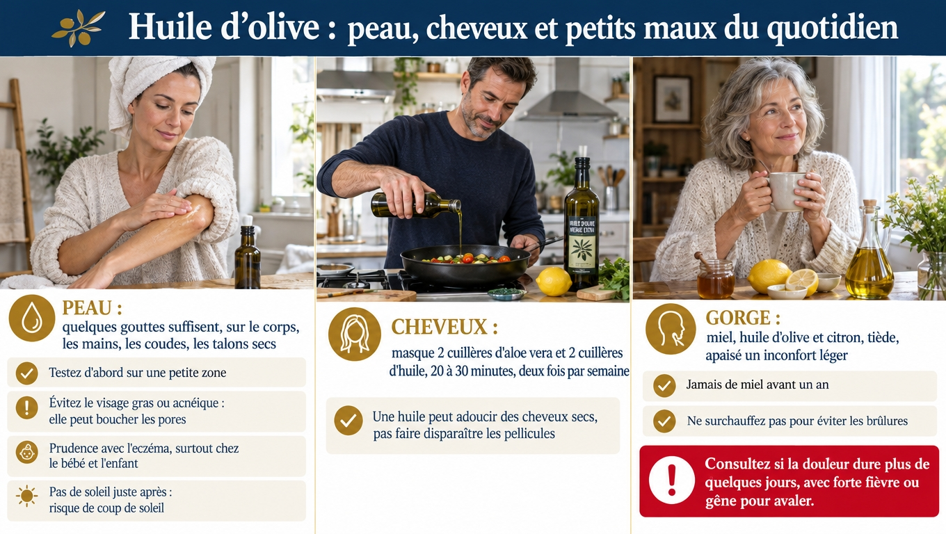 Huile d'olive sur la peau et les cheveux : ce qu'elle hydrate vraiment, ce qu'elle ne fait pas, et les précautions — plus la recette miel-huile-citron pour la gorge et ses limites.