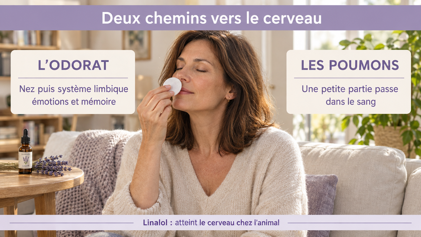 « Inhalées, les huiles essentielles suivent deux voies : l'odorat jusqu'au système limbique (émotions, mémoire) et une petite fraction via les poumons jusqu'au sang. »