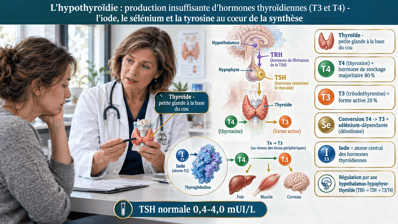 « Hypothyréose : axe hypothalamo-hypophyso-thyroïdien (TRH-TSH-T3/T4). T4 = pro-hormone 80 %, T3 = active 20 %. Iode (150 µg/j), sélénium (70 µg/j) pour la conversion. Thyroglobuline = support de synthèse. »