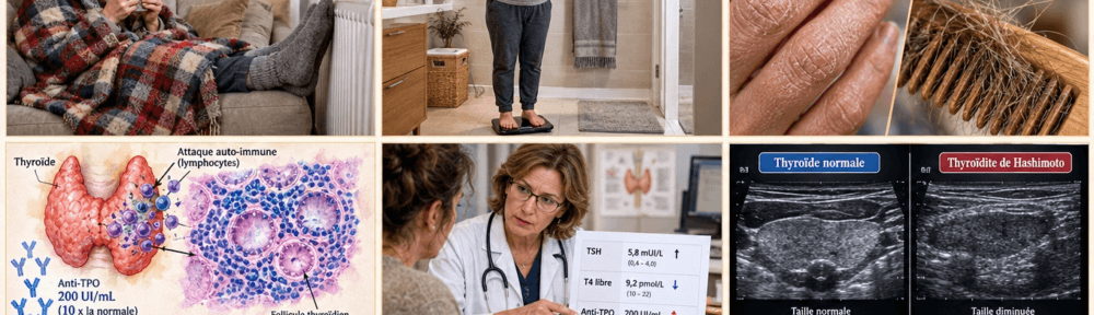 Composition éditoriale en cinq panneaux. Panneau 1 (haut-gauche) : femme française de 45 ans enroulée dans un plaid sur le canapé, les pieds sur un radiateur, tenant une tasse de thé chaud, fatigue visible sur le visage — badge « Frilosité + fatigue persistante ». Panneau 2 (haut-centre) : même femme sur une balance de salle de bain — badge « Prise de poids modeste 2-5 kg sans changement alimentaire ». Panneau 3 (haut-droite) : gros plan sur la peau sèche des mains et cheveux cassants sur un peigne — badge « Peau sèche + cheveux cassants + voix rauque ». Panneau 4 (bas-gauche) : illustration aquarelle anatomique d'une thyroïdite de Hashimoto : glande détruite par attaque auto-immune (anticorps anti-TPO à 200 UI/mL, soit plus de 10× la normale), infiltrat lymphocytaire en bleu qui pénètre les follicules — badge « Thyroïdite de Hashimoto = cause n°1 dans les zones iodées ». Panneau 5 (bas-centre) : endocrinologue française de 50 ans montrant à une patiente ses analyses de laboratoire — badge « Dosage TSH + T4 libre + anti-TPO sur simple prise de sang ». Panneau 6 (bas-droite) : comparaison visuelle « thyroïde saine vs thyroïde Hashimoto » (plus petite, hypoéchogène diffuse) — badge « Échographie thyroïdienne en complément ». Badges statistiques dorés : « Fatigue 80 % des cas », « Frilosité 70 % des cas », « Prise de poids 50-60 % des cas », « Constipation 50 % des cas », « Troubles cognitifs 40 % », « Règles abondantes 30 % des femmes ».