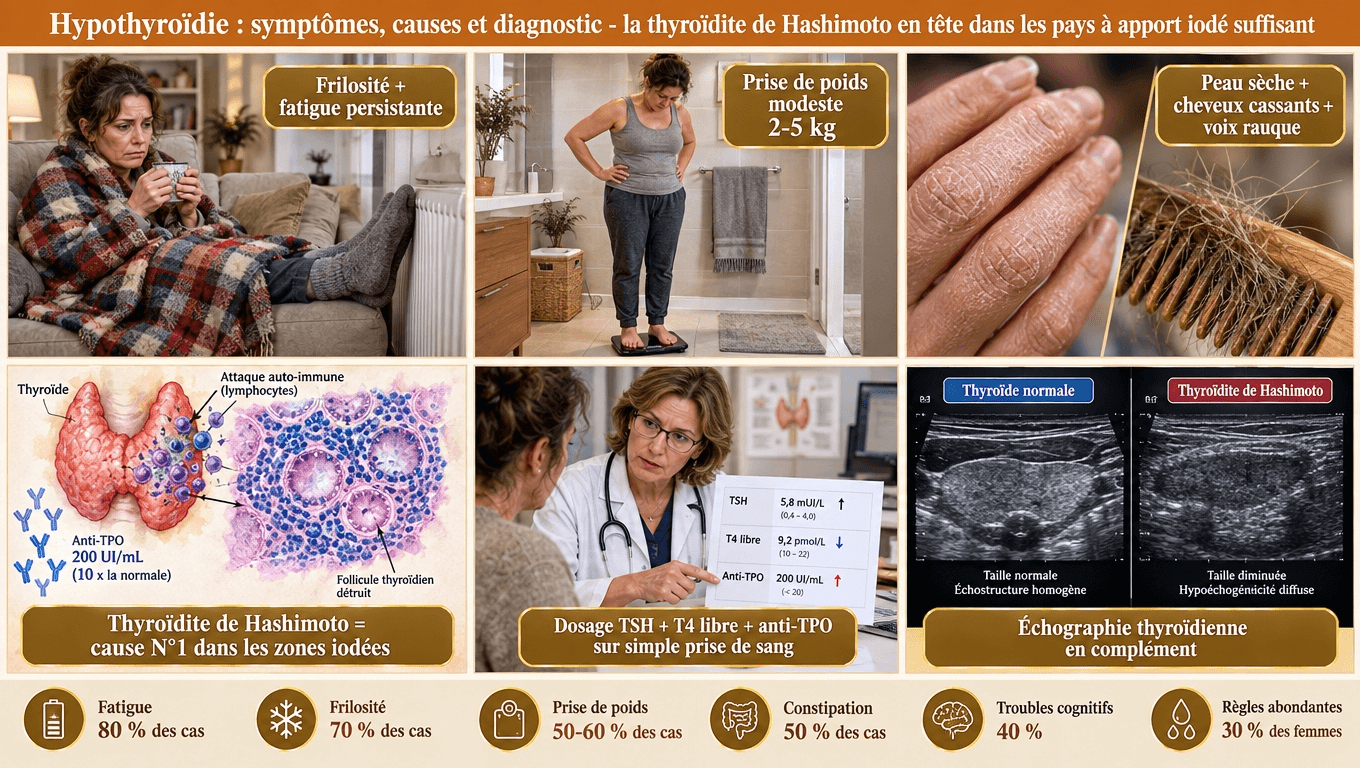 « Hashimoto = cause n° 1 dans les pays à apport iodé suffisant (anti-TPO +200 UI/mL). Symptômes : fatigue 80 %, frilosité 70 %, prise de poids 50-60 %, constipation 50 %, troubles mémoire 35 %. Diagnostic : TSH + T4 libre + anti-TPO. »