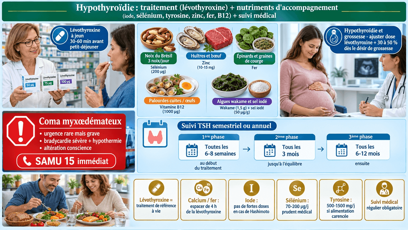 « Lévothyroxine = traitement de référence à vie, à jeun 30-60 min avant petit-déjeuner, suivi TSH semestriel/annuel. Grossesse : +30-50 % de dose. Coma myxœdémateux = urgence SAMU 15. Sélénium 200 µg, iode prudence. »