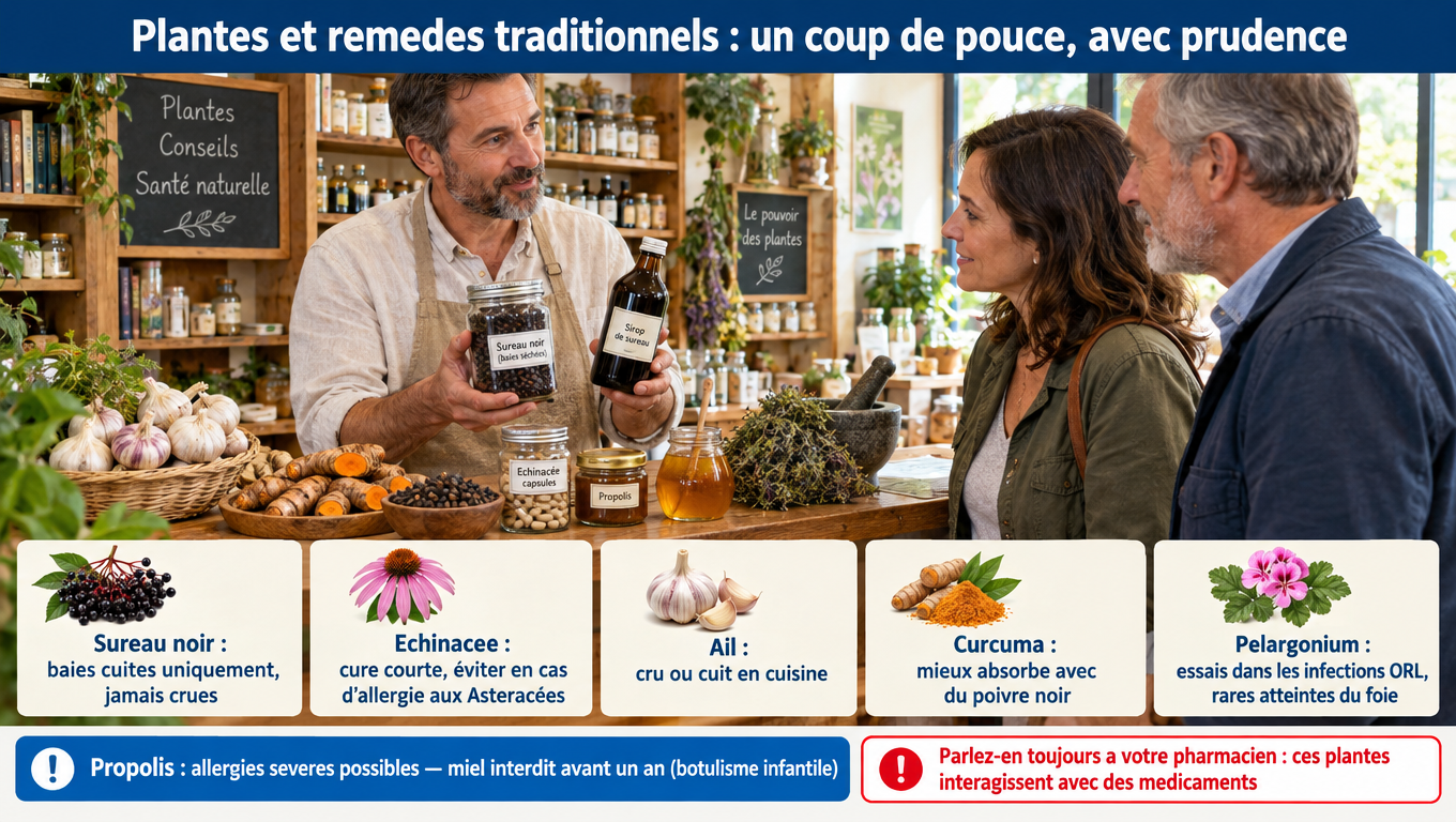 « Sureau, échinacée, ail, curcuma, pélargonium, propolis : ce que montrent les essais, les doses à respecter et les interactions à ne pas négliger. »