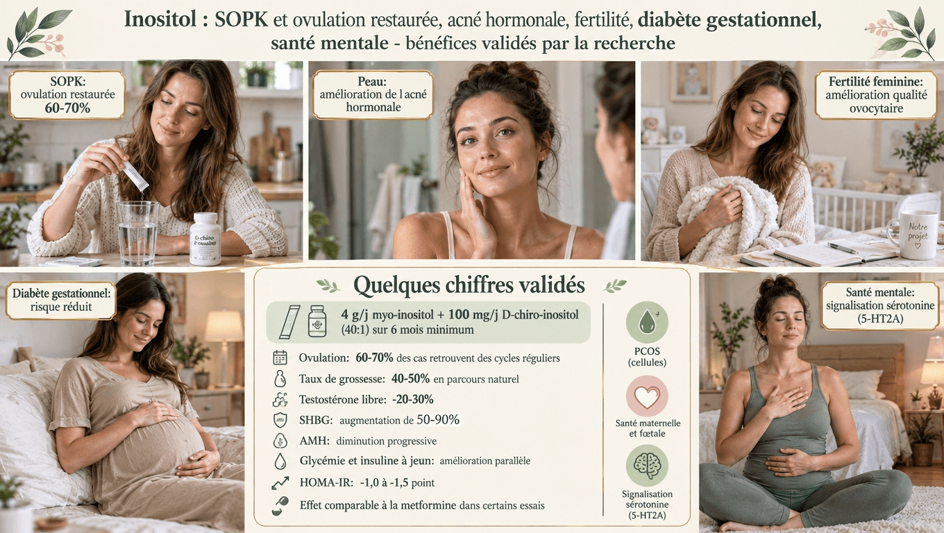 SOPK 60–70 % ovulation en 6 mois ; FIV qualité ovocytaire ↑ ; diabète gestationnel −59 % (Vitagliano 2019) ; soutien anxio-dépressif modeste.