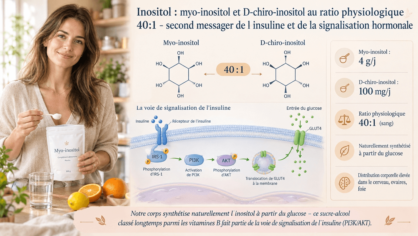 Myo-inositol + D-chiro-inositol en ratio 40:1 ; second messager de l'insuline (PI3K/AKT) ; ratio 40:1 restauré en SOPK.