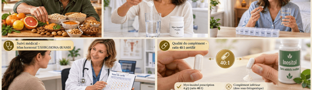 Cinq photographies documentaires : un homme méditerranéen de 40 ans disposant agrumes, céréales complètes, légumineuses et fruits à coque sur une planche en bois ; une femme de 35 ans versant une poudre d'inositol dans un verre d'eau ; une femme de 32 ans organisant son pillulier (2 g × 2/j) ; une femme de 38 ans en consultation gynéco-endocrinologique ; gros plan sur la différence visuelle entre gélule de qualité thérapeutique 4 g et capsule bas de gamme.