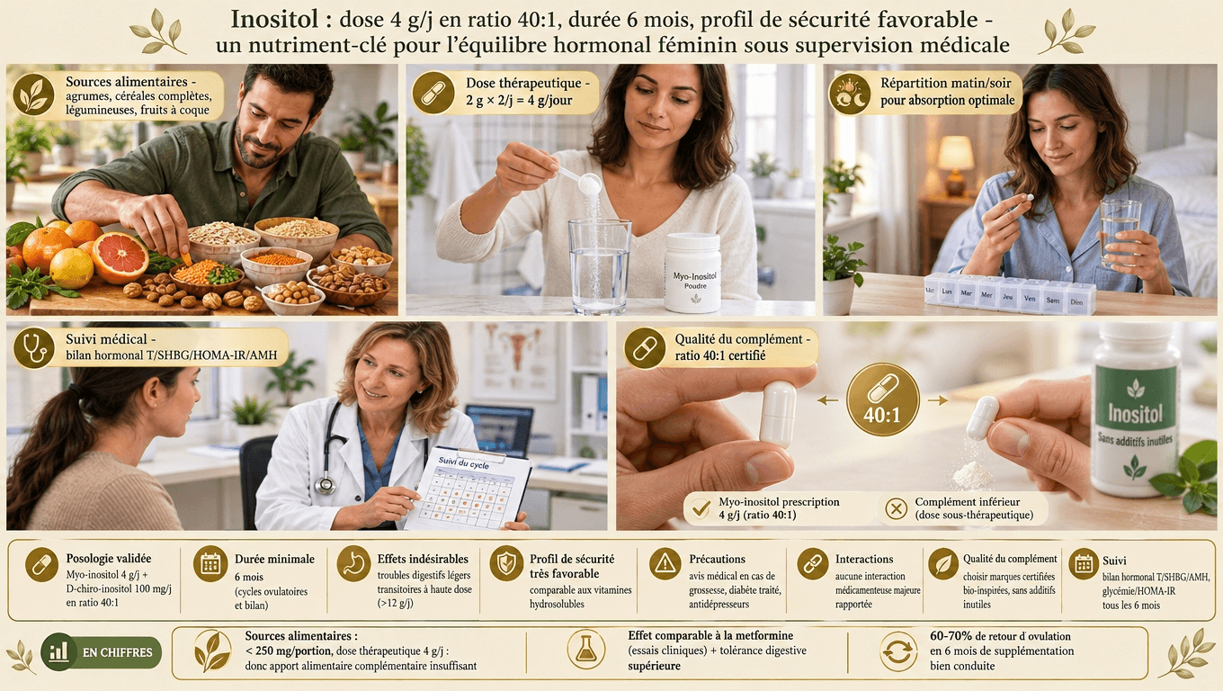 4 g/j en ratio 40:1, 2 prises/jour ; durée minimale 6 mois ; profil de sécurité très favorable ; bilan hormonal semestriel et suivi médical indispensables.