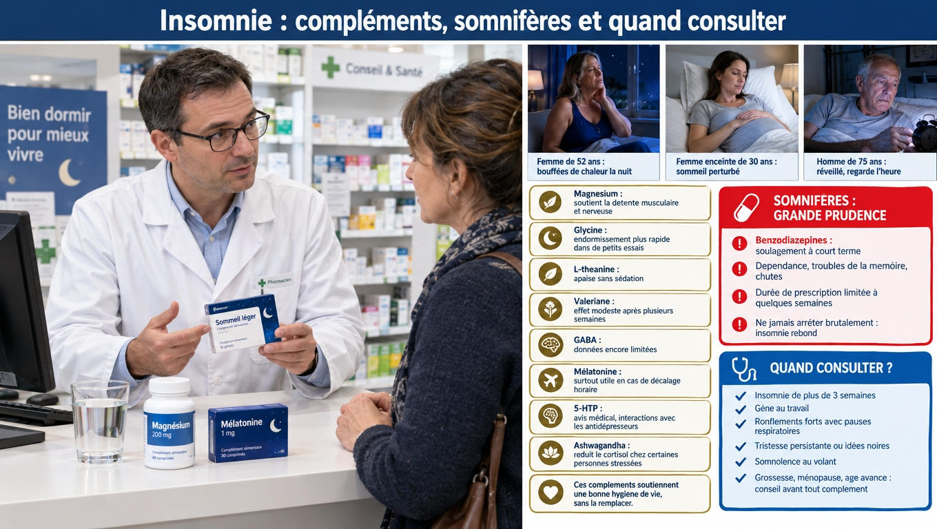 Magnésium, glycine, L‑théanine, valériane, mélatonine : des preuves modestes. Somnifères : dépendance, mémoire, chutes — jamais d'arrêt brutal. Consultez au‑delà de 3 semaines.