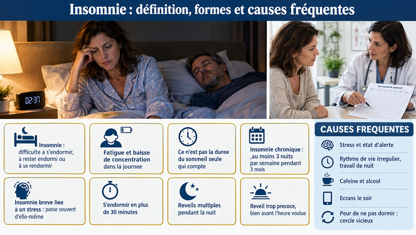 Insomnie : difficulté d'endormissement, réveils nocturnes ou réveil précoce — chronique dès 3 nuits/semaine pendant 3 mois. Stress, écrans, caféine et alcool en tête des causes.