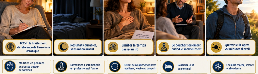 Collage de cinq scènes réalistes : femme écrivant ses préoccupations dans un carnet, sans téléphone, avant de dormir ; chambre fraîche et sombre avec réveil retourné ; respiration lente guidée à la lumière douce ; thérapeute expliquant un programme de sommeil structuré ; homme marchant à la lumière naturelle du matin.