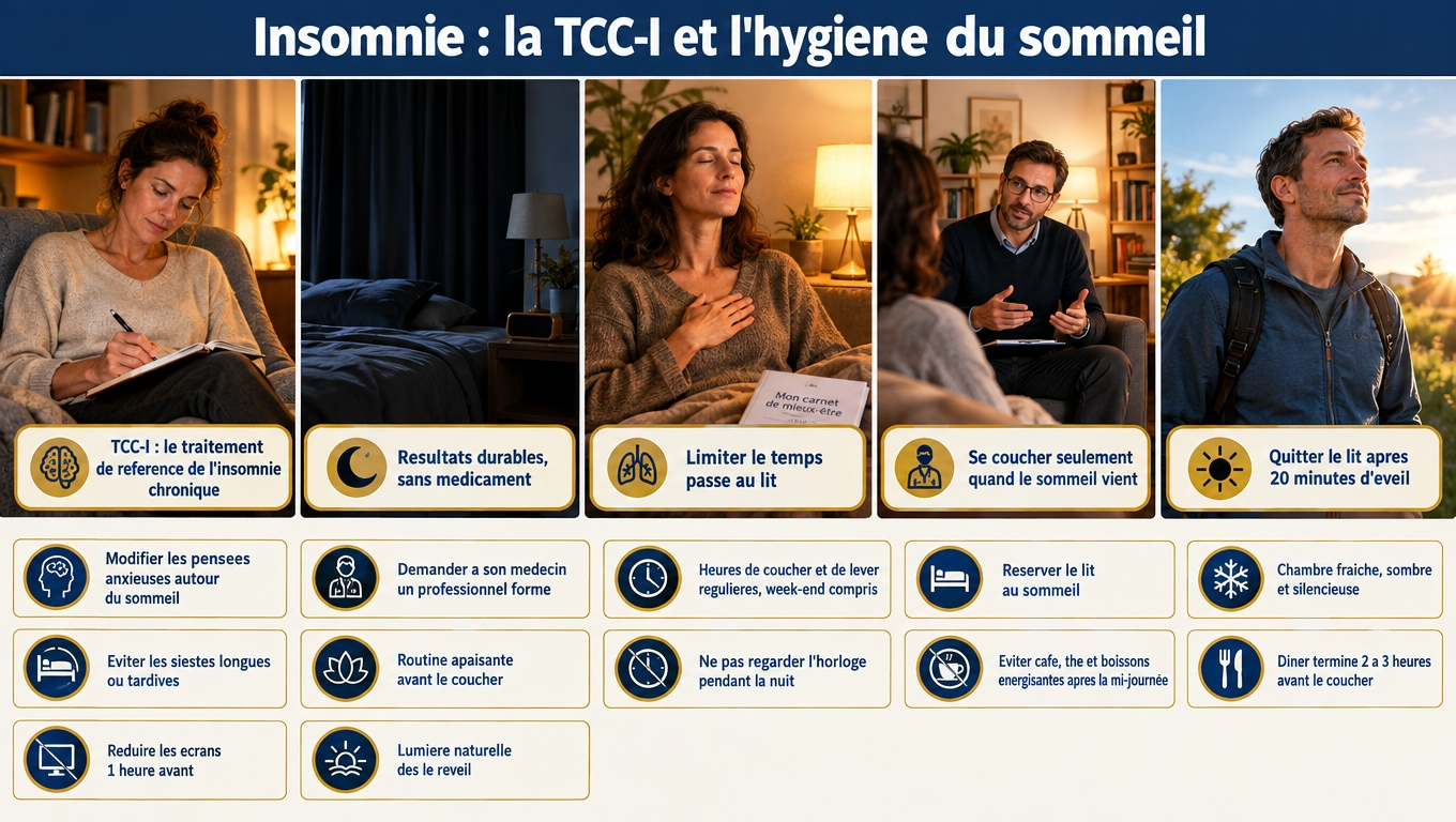 traitement de référence de l'insomnie chronique (résultats durables sans médicament). Heures régulières, chambre fraîche et sombre, écrans coupés 1 h avant, dîner 2‑3 h avant le coucher.