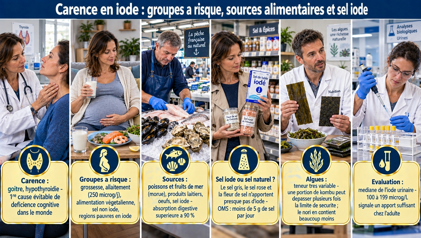 « Carence : goitre, hypothyroïdie, ‑10‑15 points de QI. Groupes à risque : grossesse (250 µg/j), végétaliens, sel non iodé, zones montagneuses. Sources : poissons (morue), laitiers, œufs, sel iodé. Kombu = 1 500‑8 000 µg/g : attention. Cofacteurs : sélénium, fer, zinc, vitamine A. »