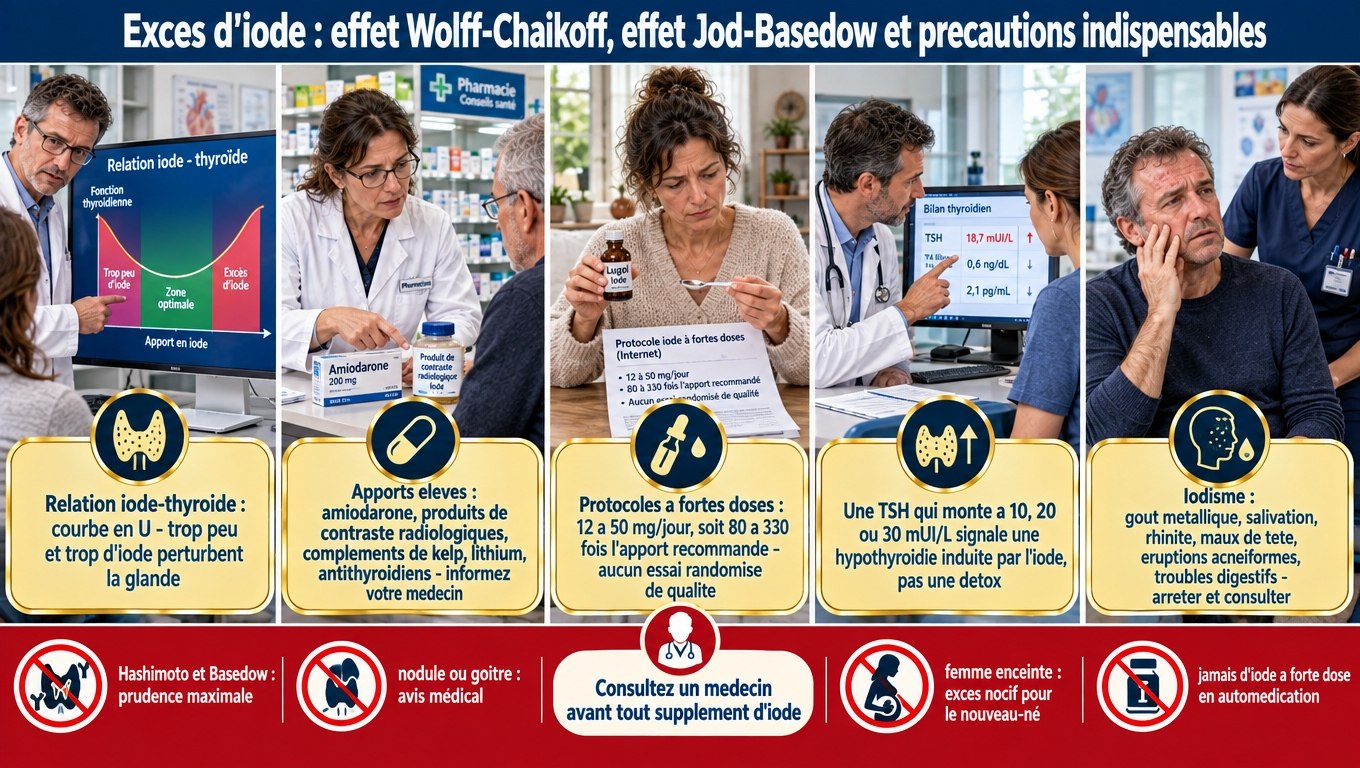 « Courbe en U : Wolfe‑Chaikoff (excès → hypothyroïdie) et Jod‑Basedow (excès → hyperthyroïdie). Amiodarone : 10‑20 mg d'iode/j, produits de contraste, kelp. Protocoles 12‑50 mg/j non validés, « détox » = iodisme. Hashimoto/Basedow, nodule, goitre, grossesse : prudence maximale. »
