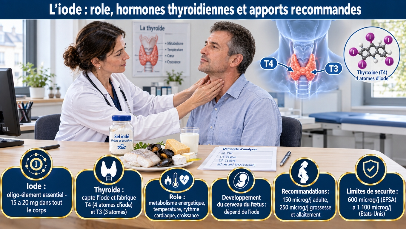 « Iode : 15‑20 mg dans le corps, 150 µg/j (adulte), 250 µg/j (grossesse). La thyroïde fait T4 (4 atomes) et T3 (3 atomes), qui règlent métabolisme, température, cœur et cerveau du fœtus. Limites : 600 µg/j EFSA, 1 100 µg/j USA. »