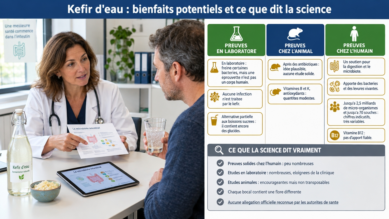 Kéfir d'eau : bienfaits potentiels sur le microbiote, mais preuves humaines rares — labo ≠ corps humain, chaque bocal est différent, aucune allégation officielle reconnue.