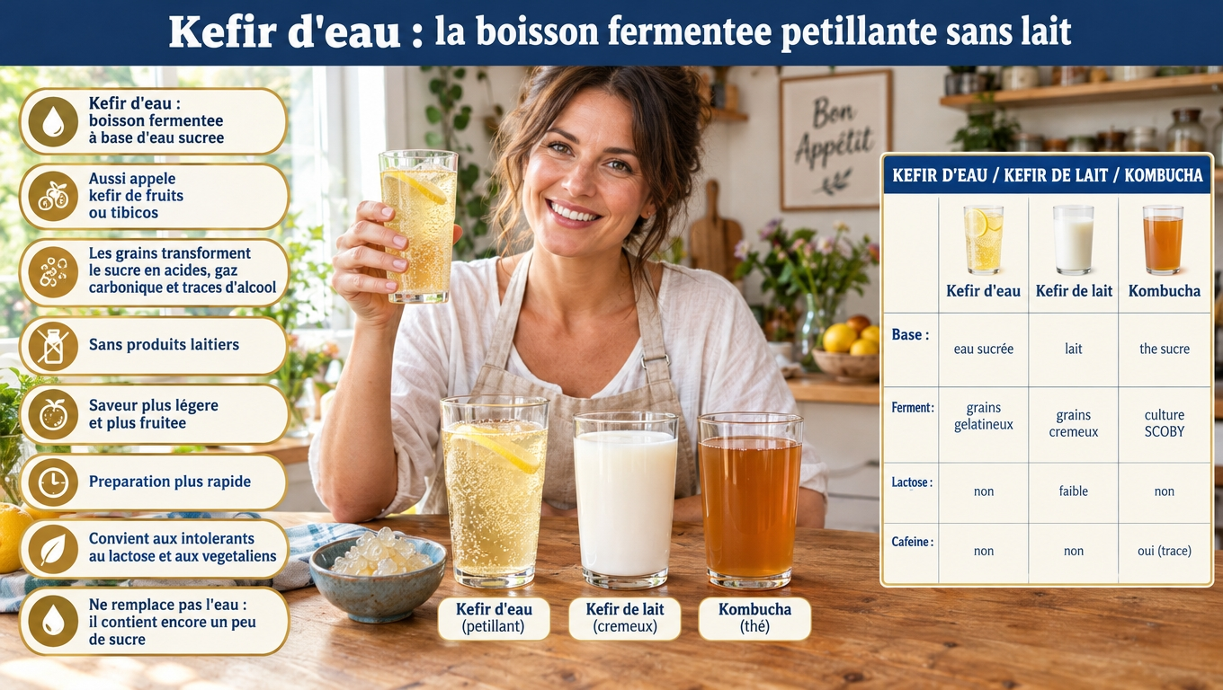 Kéfir d'eau : boisson fermentée à base d'eau sucrée (tibicos), sans lait, sans gluten ni caféine — comparée au kéfir de lait et au kombucha.