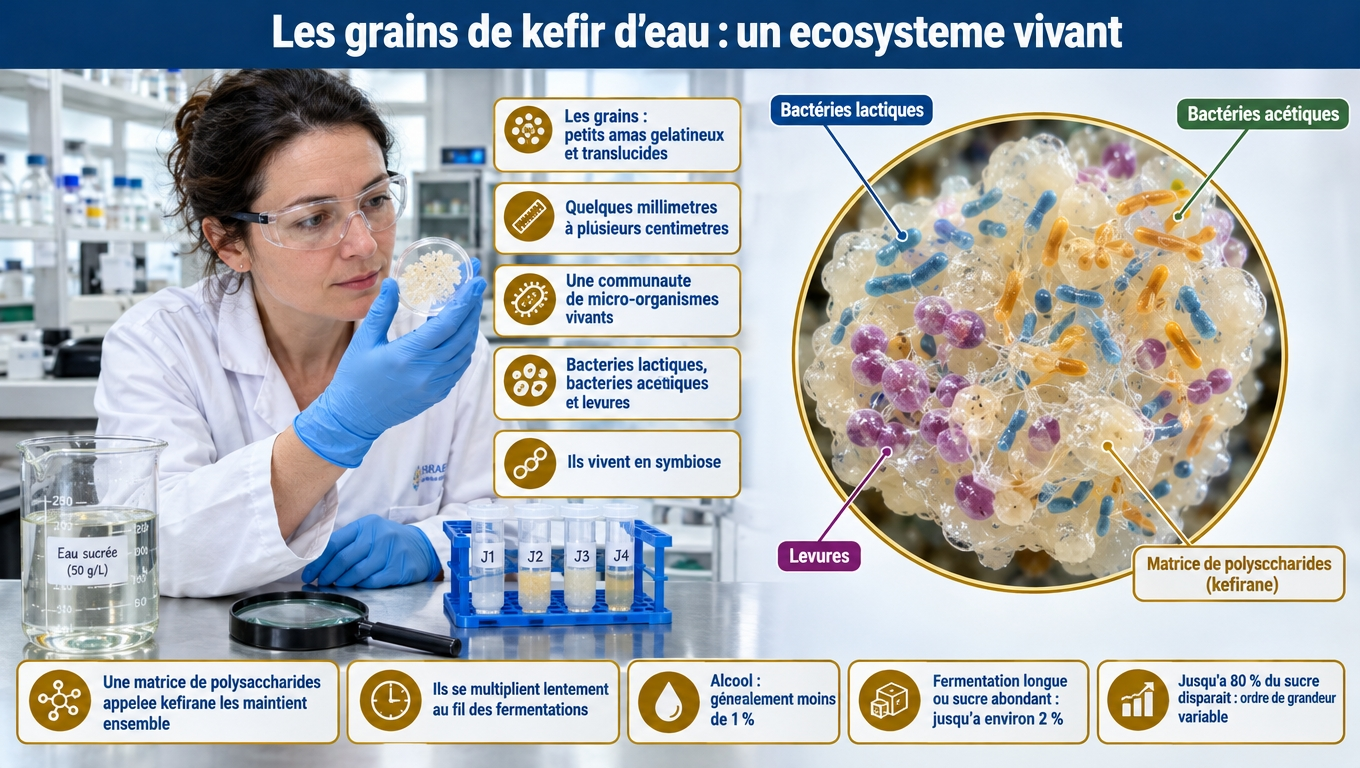 Grains de kéfir d'eau : amas gélatineux translucides abritant bactéries lactiques, acétiques et levures en symbiose, liés par le kéfirane — alcool généralement < 1 %, jusqu'à ~2 %.