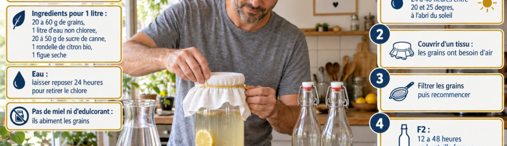 Homme d'environ 42 ans préparant son kéfir d'eau sur le plan de travail de sa cuisine : il fixe un tissu avec un élastique sur un bocal en verre d'un litre contenant eau sucrée, rondelle de citron et figue sèche ; autour, cuillère en bois, passoire fine en plastique, cruche d'eau, bol de grains translucides et deux bouteilles à bouchon mécanique.