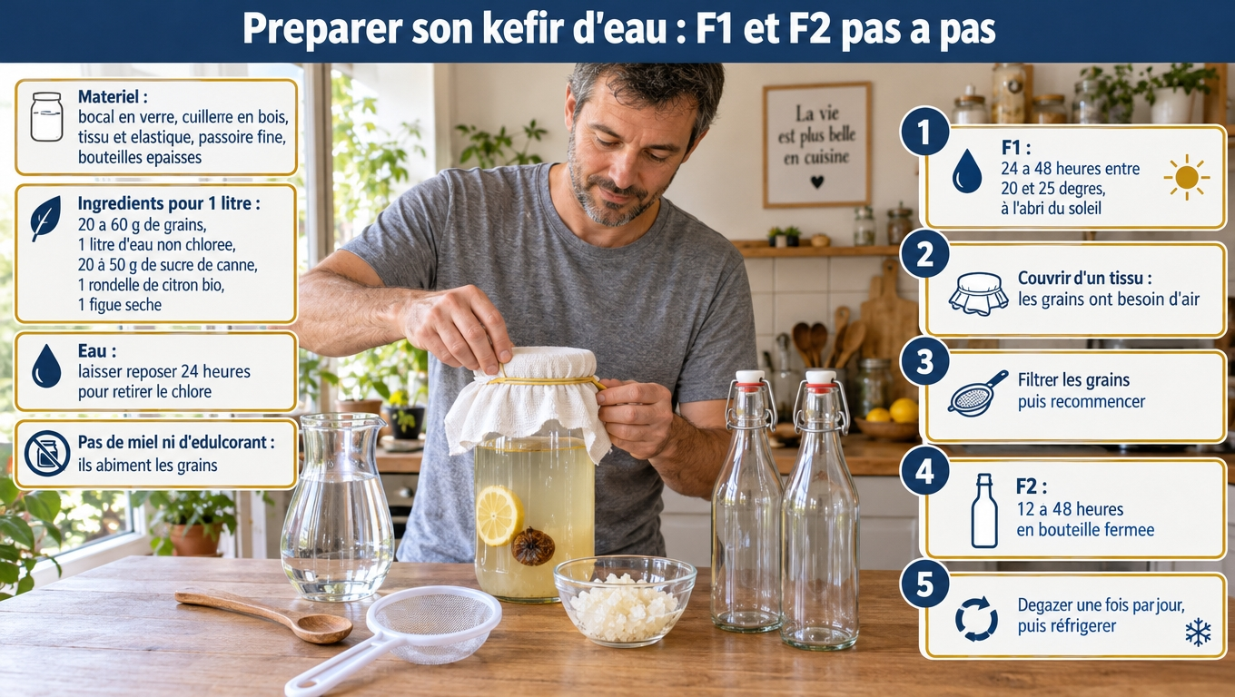 Recette du kéfir d'eau : bocal en verre, eau non chlorée, 20‑50 g de sucre, citron et figue ; F1 24‑48 h à 20‑25 °C puis F2 12‑48 h en bouteille avec dégazage quotidien.