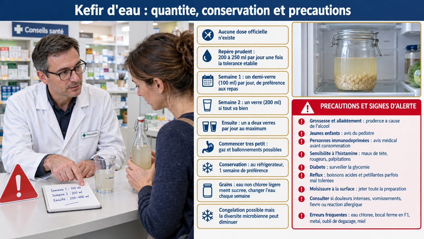 Kéfir d'eau : 100 ml en semaine 1 puis 200 ml, maximum 1‑2 verres/jour ; au frais 1 semaine ; précautions grossesse, immunodépression, histamine, diabète, reflux — et signes d'alerte.