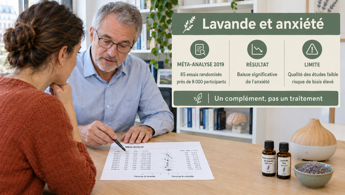 « Lavande inhalée : 65 essais randomisés et près de 8 000 participants montrent une baisse significative de l'anxiété, mais la qualité des études reste faible. »