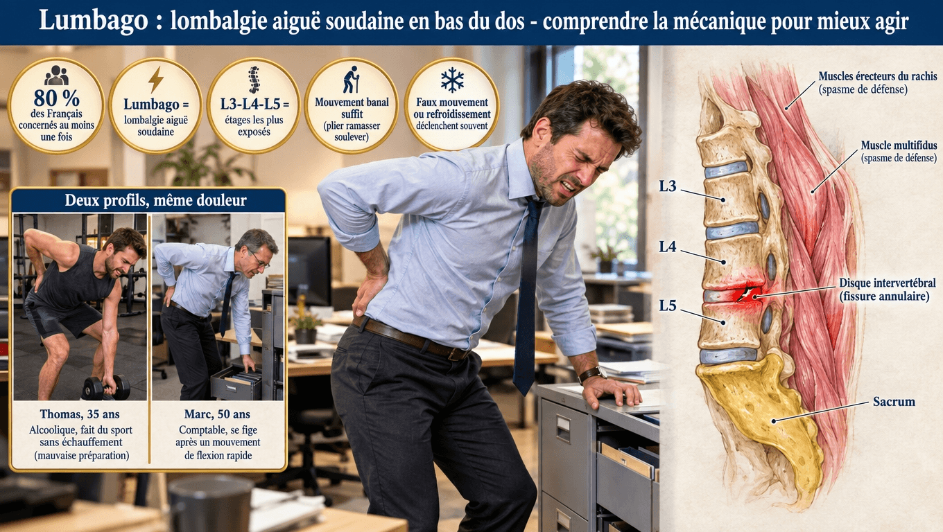 « Lumbago : lombalgie aiguë touchant 80 % des Français au moins une fois. Disque L4-L5/L5-S1, fissure annulaire, spasme paravertébral. Faux mouvement, port de charge ou refroidissement peuvent suffire. »