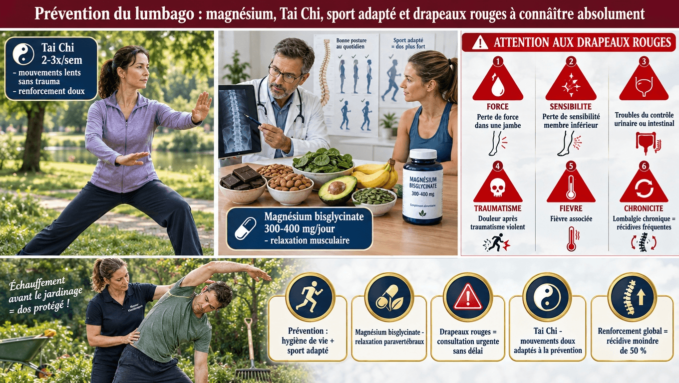 « Prévention : magnésium bisglycinate 300-400 mg/jour, Tai Chi 2-3 ×/sem, marche nordique, échauffement avant effort. Drapeaux rouges = urgence : perte de force, troubles sphinctériens, fièvre, traumatisme, AEG → scanner/IRM. »