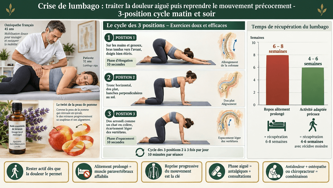 « Rester actif = récupération 4-6 semaines (vs 6-8 semaines si alitement). Exercice 3 positions 10 min × 2-3/jour : élongation dorsale, dos plat, dos rond. Ostéopathe + myorelaxant + Tai Chi en prévention. »