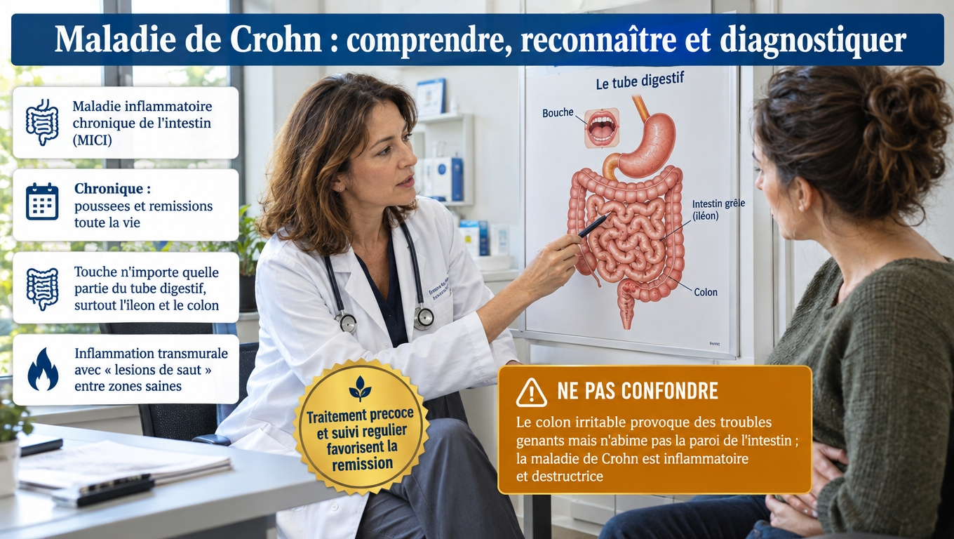 Maladie de Crohn : MICI chronique évoluant par poussées et rémissions, touchant surtout l'iléon et le côlon avec des « lésions de saut » — à ne pas confondre avec le côlon irritable.
