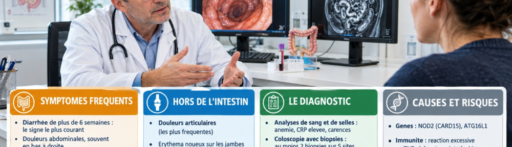 Médecin d'environ 50 ans en blouse blanche expliquant un parcours diagnostique à un patient d'environ 35 ans dans un cabinet clair ; sur le bureau, écran de coloscopie montrant le côlon, image d'IRM de l'intestin grêle et tube de prise de sang ; quatre panneaux colorés (ambre symptômes, bleu hors de l'intestin, vert diagnostic, gris causes).