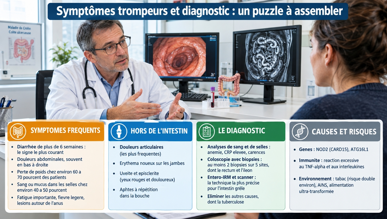  Diarrhée > 6 semaines, douleurs en bas à droite, perte de poids (60–70 %), sang dans les selles (40–50 %) ; diagnostic par coloscopie avec biopsies (2 sur 5 sites) et entéro-IRM ; causes = gènes (NOD2, ATG16L1), immunité, tabac.