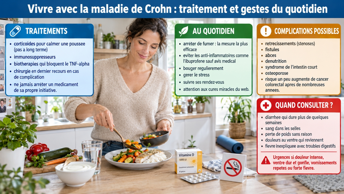 Corticoïdes, immunosuppresseurs, biothérapies, chirurgie en dernier recours ; arrêt du tabac, éviter les AINS, activité douce, suivi régulier ; complications (sténoses, fistules, abcès, ostéoporose) et signes qui imposent une consultation rapide.
