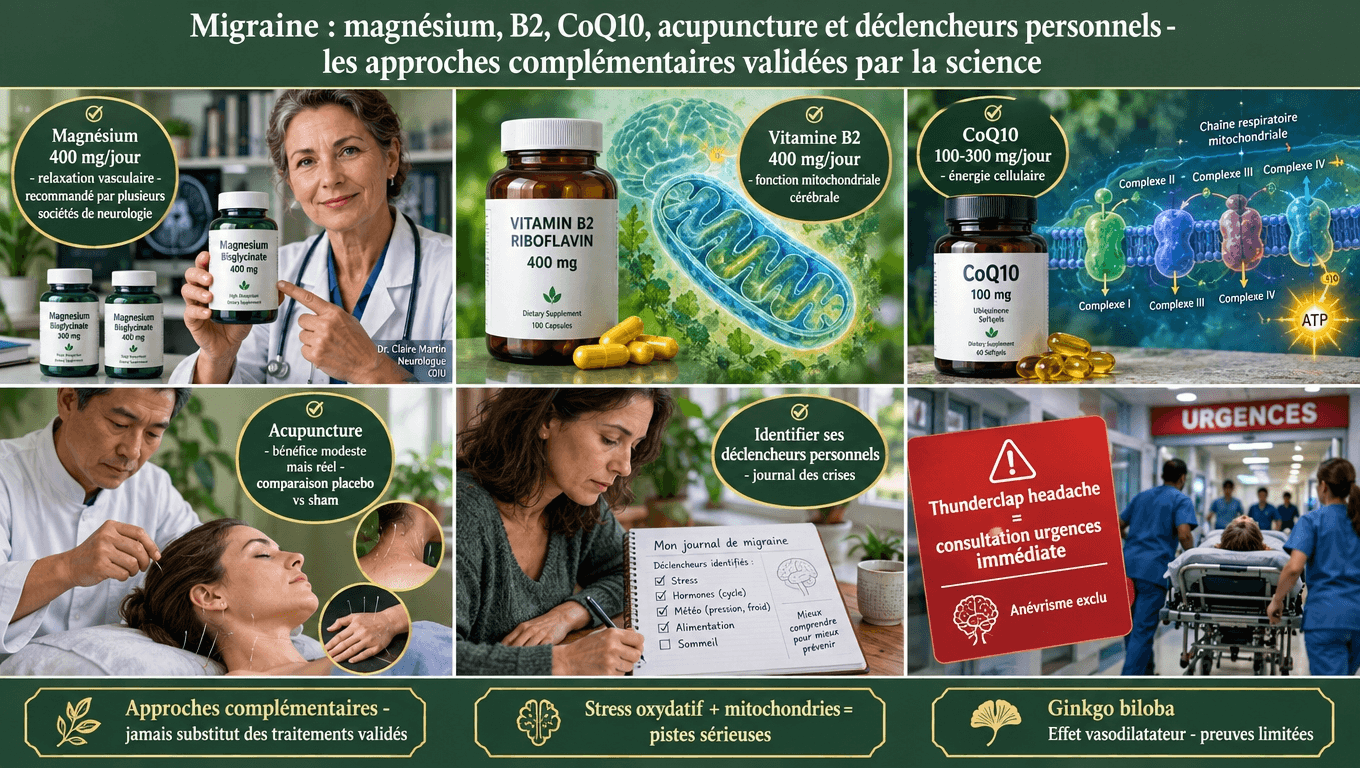 « Magnésium 400 mg/jour : -30 à -41 % fréquence (12 ECR). Vitamine B2 400 mg : -50 % fréquence chez 59 % patients. CoQ10 100 mg × 3 : -50 % fréquence. Acupuncture Cochrane : vraie > sham. Identifier ses déclencheurs - journal des crises. Red flags : thunderclap headache = urgences. »