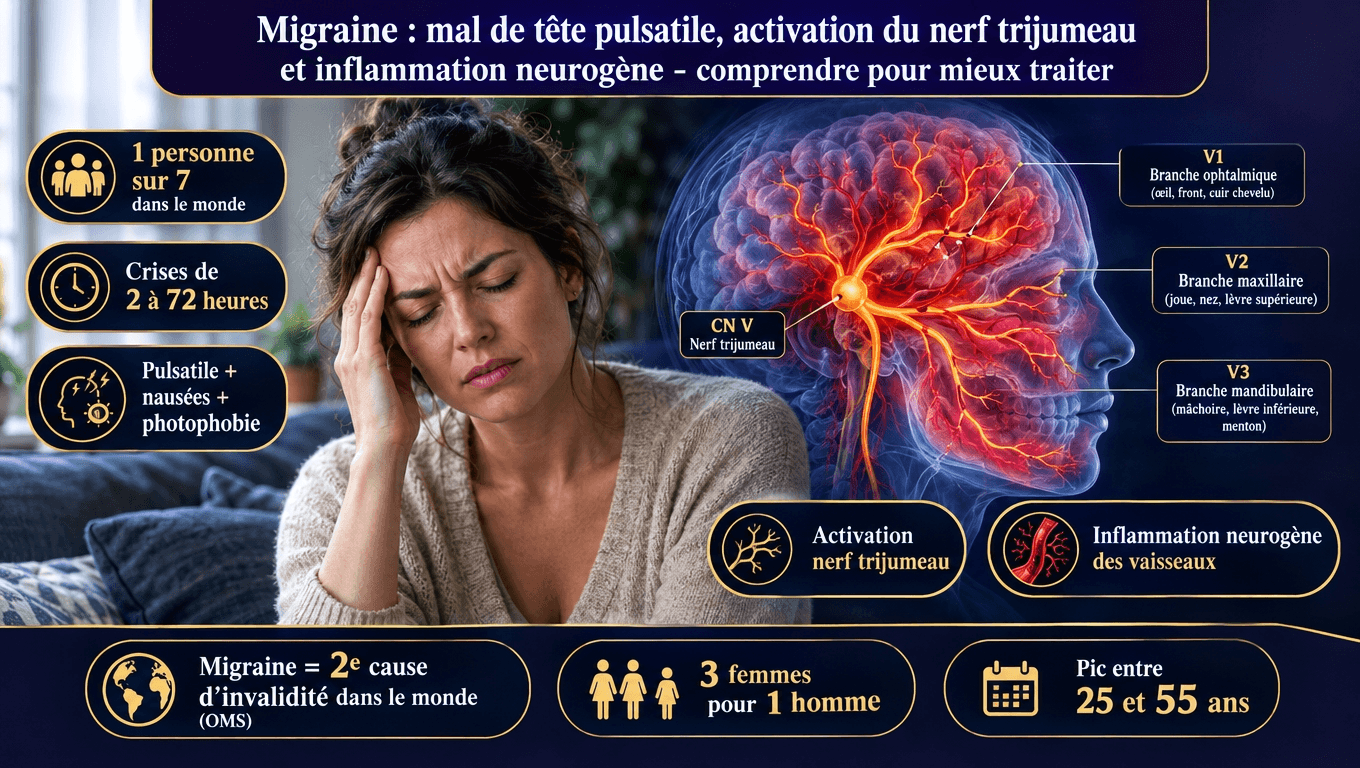 « Migraine : 1 personne sur 7, 3 femmes pour 1 homme, activation du nerf trijumeau et inflammation neurogène. Antagonistes du CGRP : nouvelle classe thérapeutique prometteuse (erenumab, fremanezumab). Prévalence maximale entre 25 et 55 ans. »