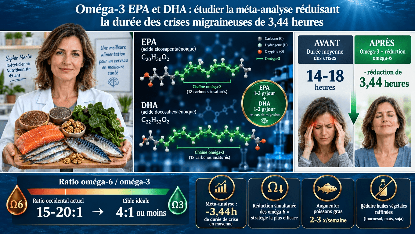 « Méta-analyse 2023 (Cephalalgia, Puledda) : oméga-3 EPA + DHA réduisent la durée des crises migraineuses de 3,44 h en moyenne. Combinées à une baisse des oméga-6 (ratio cible ≤ 4:1), l'efficacité est supérieure. »