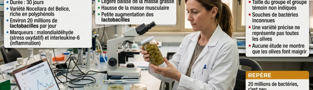 Chercheuse française en science des aliments d'environ 40 ans en blouse blanche à une paillasse, tenant un bocal en verre d'olives vertes dans une saumure naturelle trouble, à côté de boîtes de Petri avec cultures bactériennes, microscope et ordinateur affichant un graphique de marqueurs inflammatoires sur 30 jours ; assiette de 12 olives vertes sur le côté ; quatre panneaux colorés (bleu étude pilote, vert résultats rapportés, rouge prudence, ambre repère).