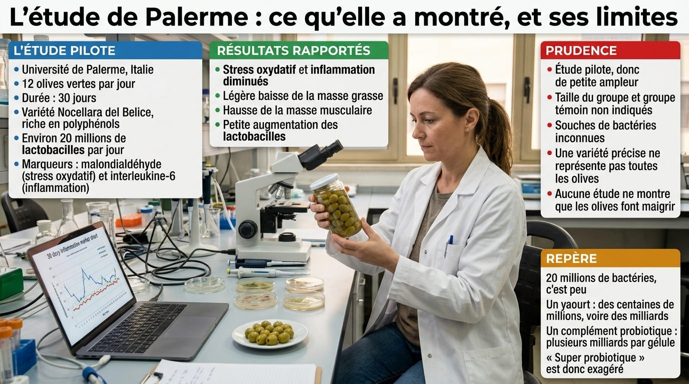  Étude pilote de Palerme : 12 olives Nocellara del Belice/jour pendant 30 jours, ~20 millions de lactobacilles — inflammation et stress oxydatif réduits, mais limites majeures et « super probiotique » exagéré.