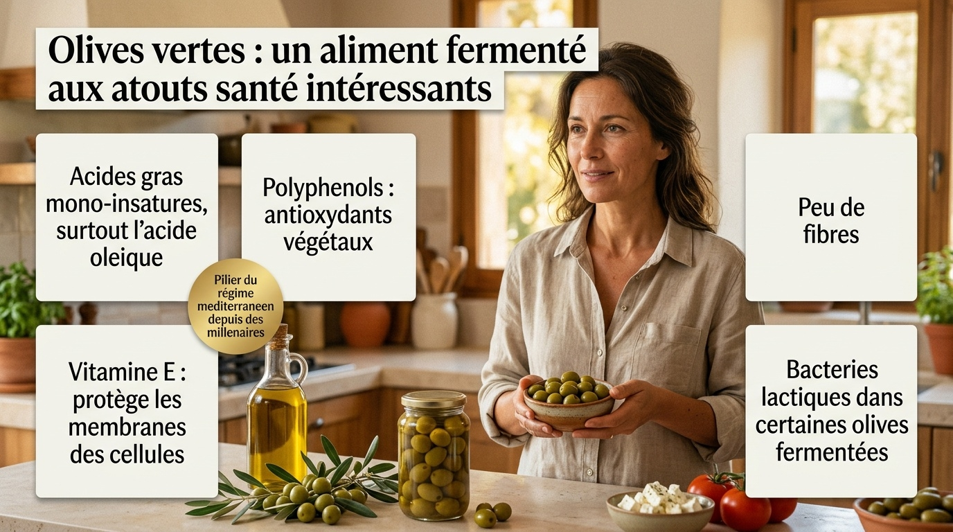 Olives vertes : acide oléique, polyphénols, vitamine E, peu de fibres et lactobacilles dans les olives fermentées non pasteurisées — un pilier du régime méditerranéen.