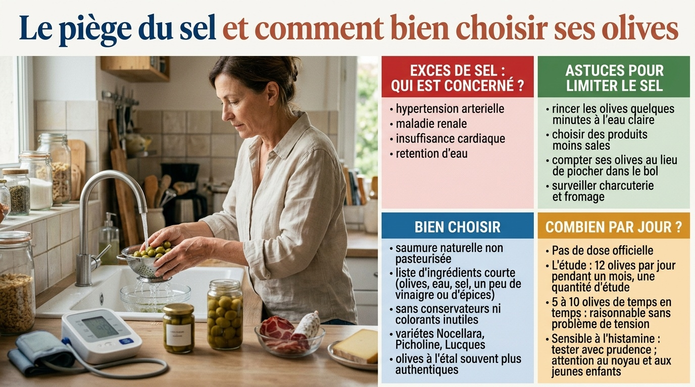 Attention au sel de la saumure (12 olives = apport non négligeable) ; rincer, choisir une saumure naturelle non pasteurisée, 5 à 10 olives de temps en temps, prudence avec l'histamine et le noyau.