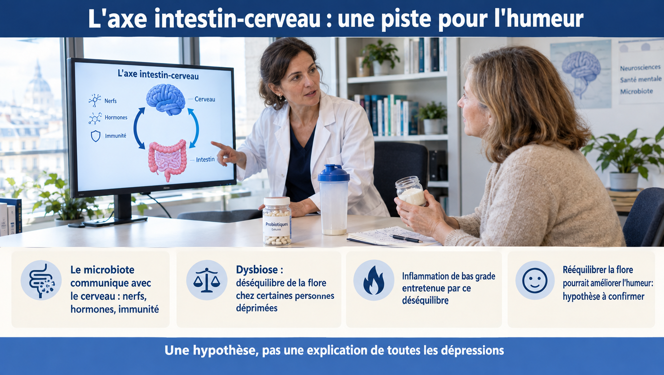« Axe intestin-cerveau, microbiote et dysbiose : pourquoi les chercheurs explorent un lien entre flore intestinale, inflammation de bas grade et humeur. »