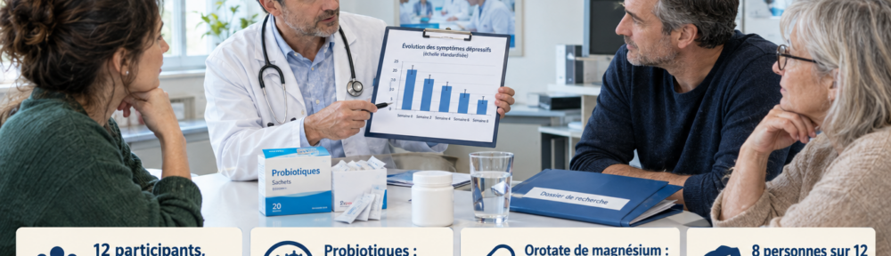 « Médecin investigateur présentant un histogramme imprimé à trois participants assis dans une unité de recherche clinique française ; sachets de probiotiques, pot de complément sans marque et verre d'eau sur la table ; panneau en français listant les limites de l'étude pilote. »