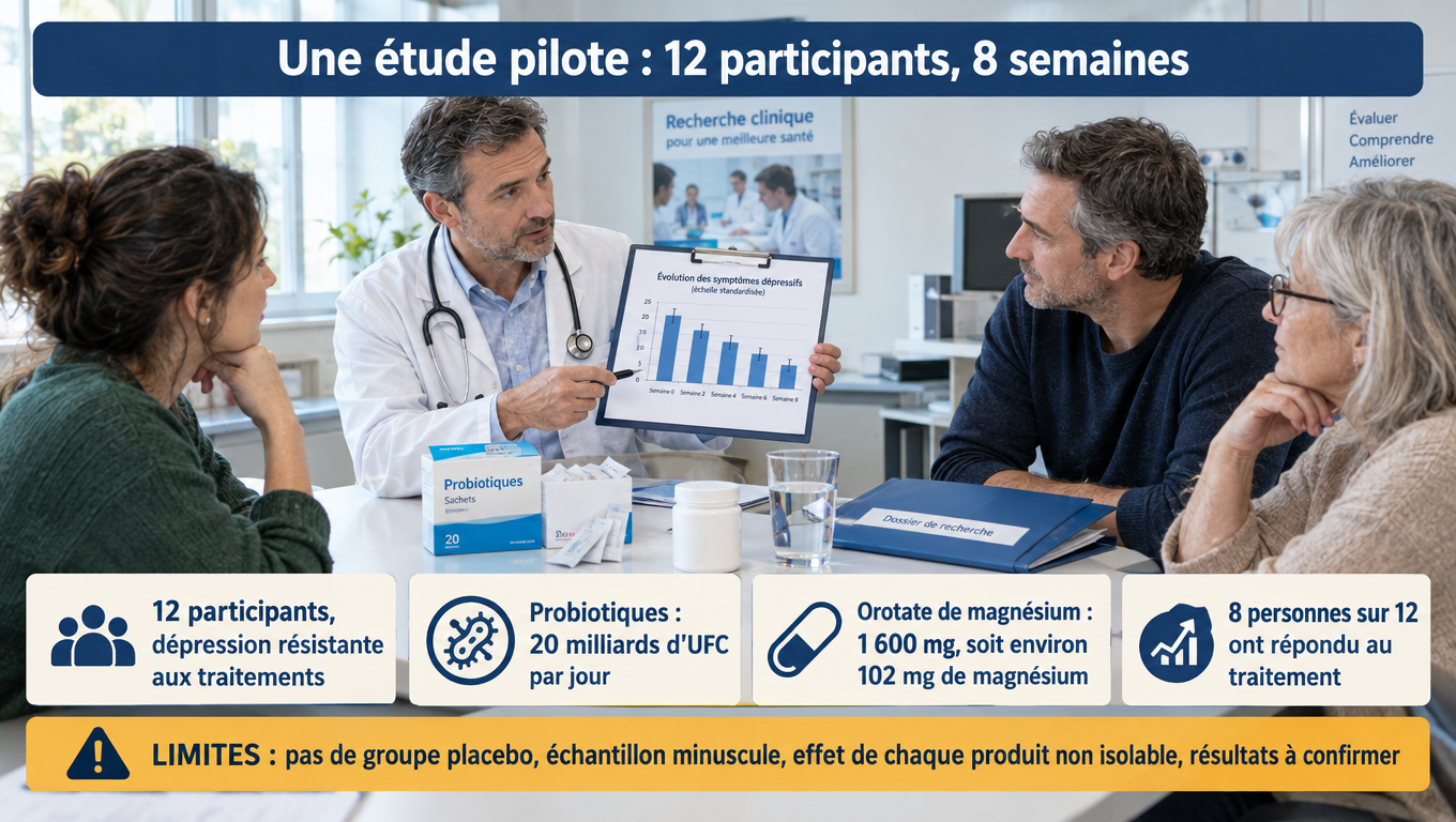  « Étude pilote : 12 participants, 8 semaines, 20 milliards d'UFC de probiotiques et 1 600 mg d'orotate de magnésium (102 mg de magnésium) — 8 répondeurs sur 12, mais pas de placebo. »