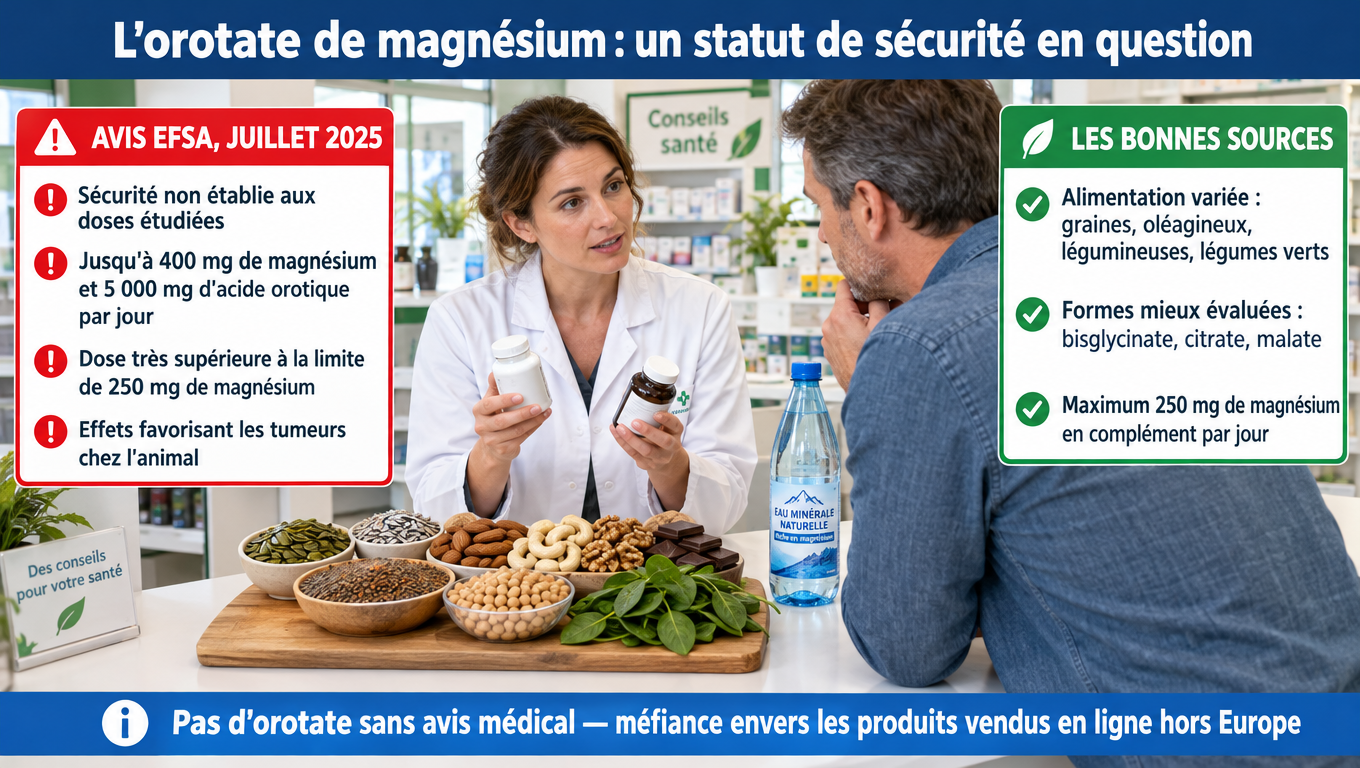 « Orotate de magnésium : avis EFSA de juillet 2025, sécurité non établie, limite de 250 mg, sources alimentaires et formes de magnésium mieux évaluées. »