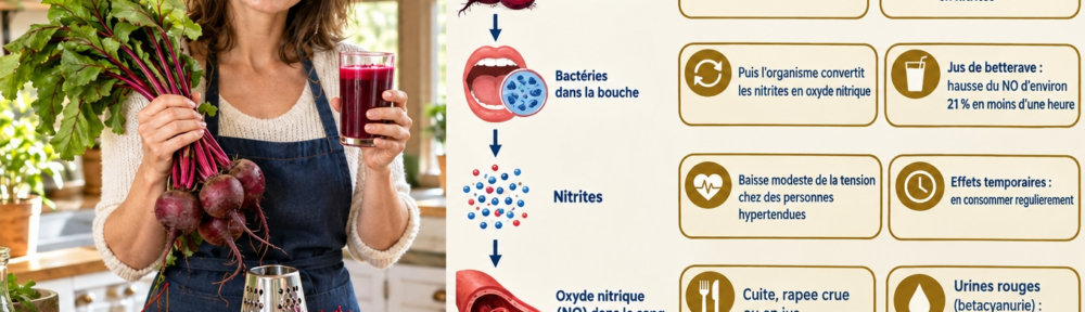 Femme d'environ 38 ans dans une cuisine rustique lumineuse, tenant d'une main des betteraves crues avec leurs feuilles et de l'autre un verre de jus de betterave rouge foncé ; sur le comptoir en bois, betteraves cuites, râpe et salade de betterave ; en surimpression, schéma légendé en français du parcours nitrates → bactéries buccales → nitrites → oxyde nitrique.