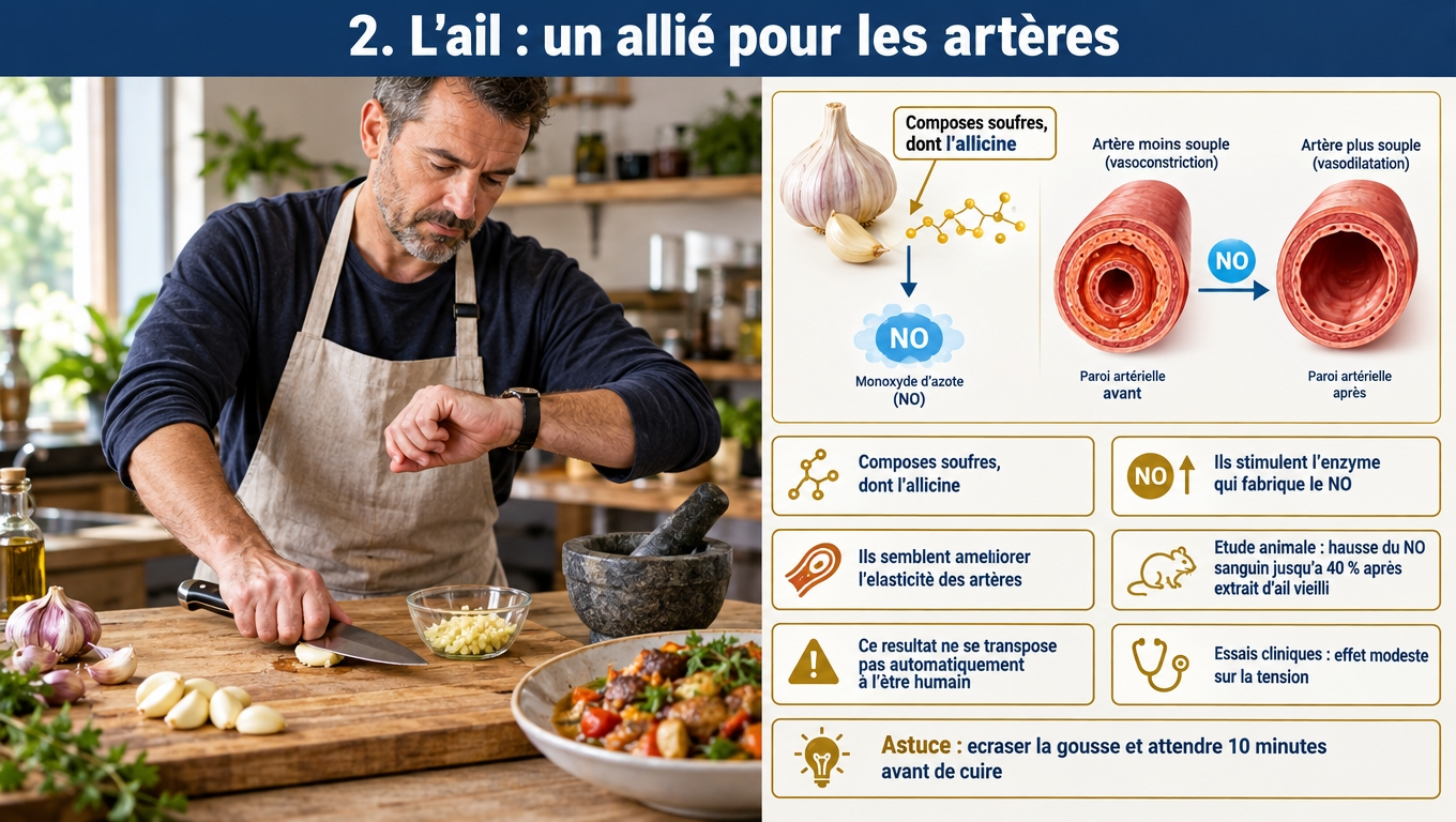 Ail et oxyde nitrique : allicine et composés soufrés stimulent la eNOS — hausse du NO de 40 % chez l'animal, effet modeste sur la tension chez l'humain. Écraser et attendre 10 min.