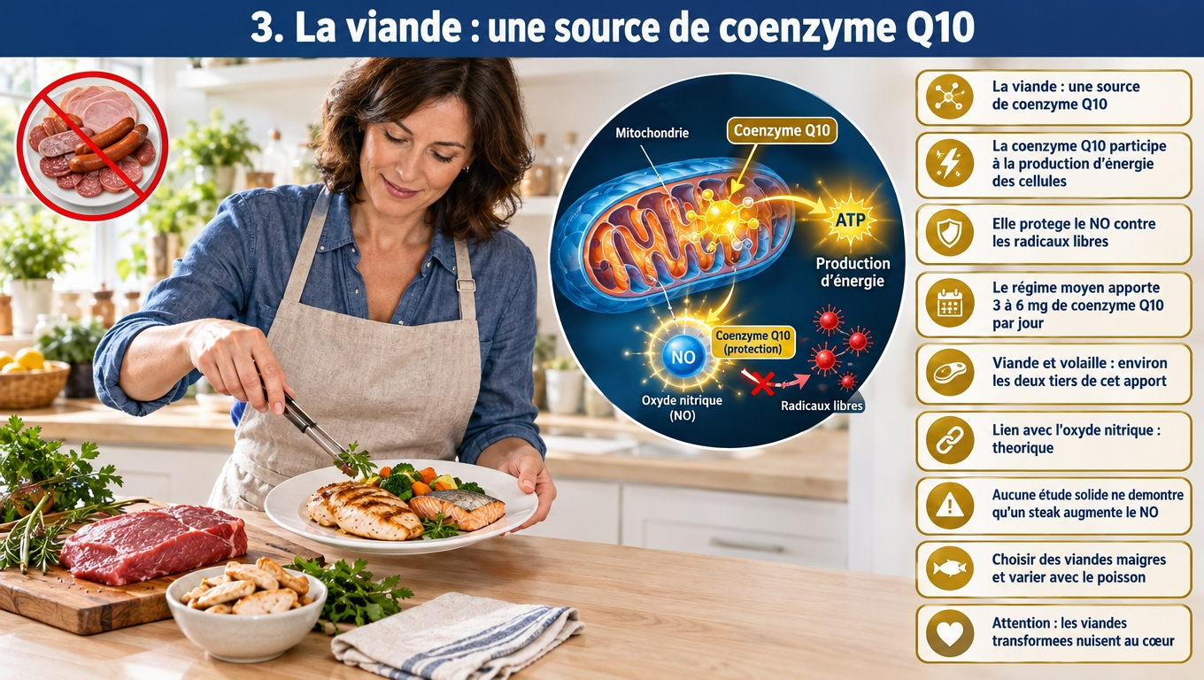 Viande et coenzyme Q10 : 3 à 6 mg/j apportés par l'alimentation, dont les deux tiers par la viande et la volaille — mais aucune preuve qu'un steak augmente l'oxyde nitrique. Préférer les viandes maigres.