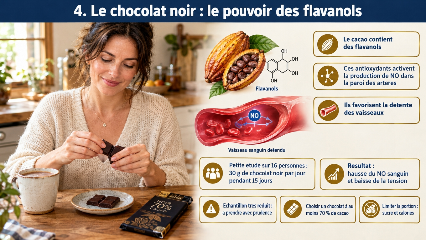 Chocolat noir et NO : flavanols du cacao, +NO et baisse de la tension sur 16 personnes avec 30 g/j pendant 15 jours — échantillon minuscule, privilégier 70 % minimum.