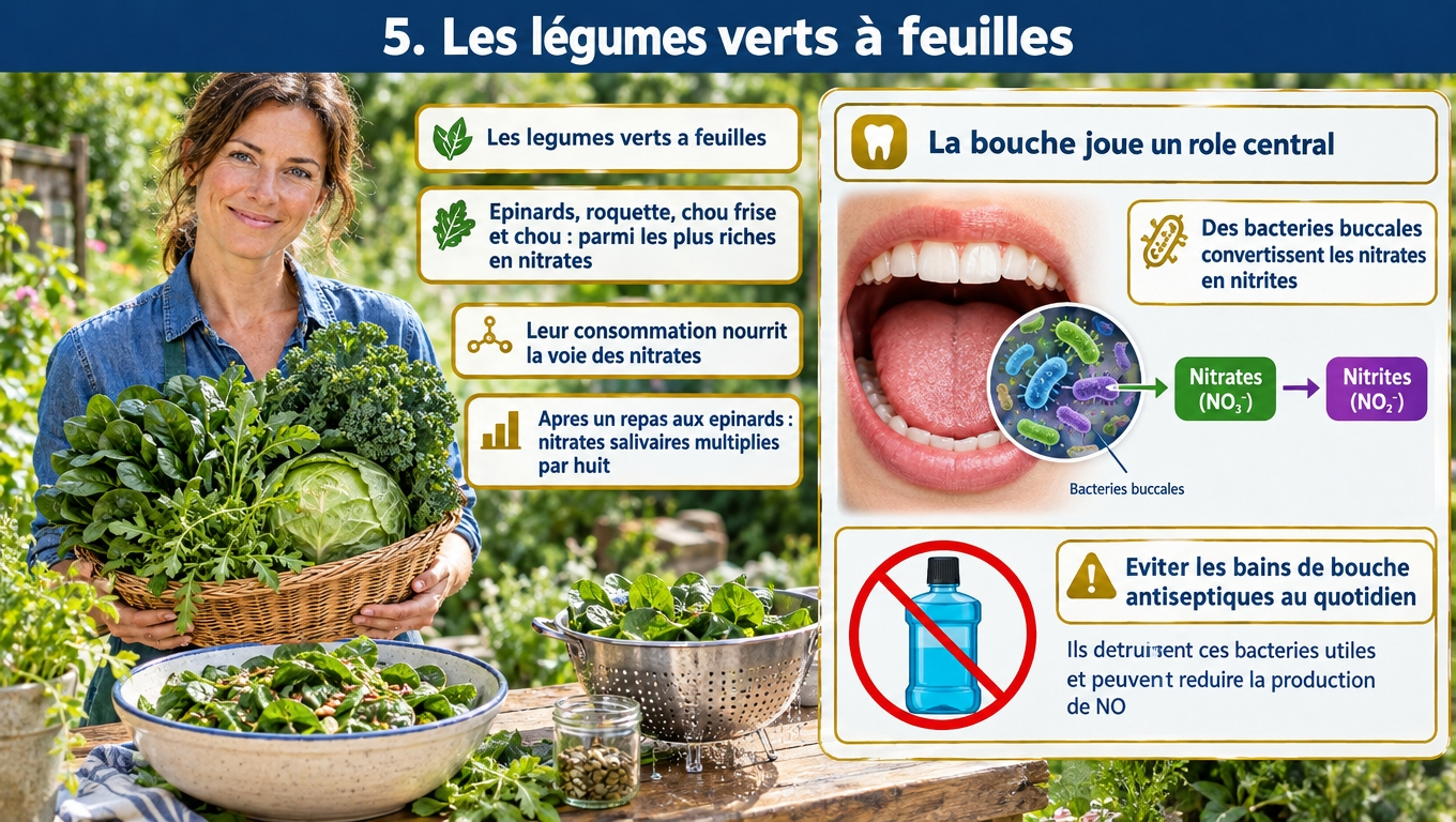 Épinards, roquette, chou : nitrates ×8 dans la salive après un repas — les bactéries buccales font le travail, donc éviter les bains de bouche antiseptiques quotidiens.