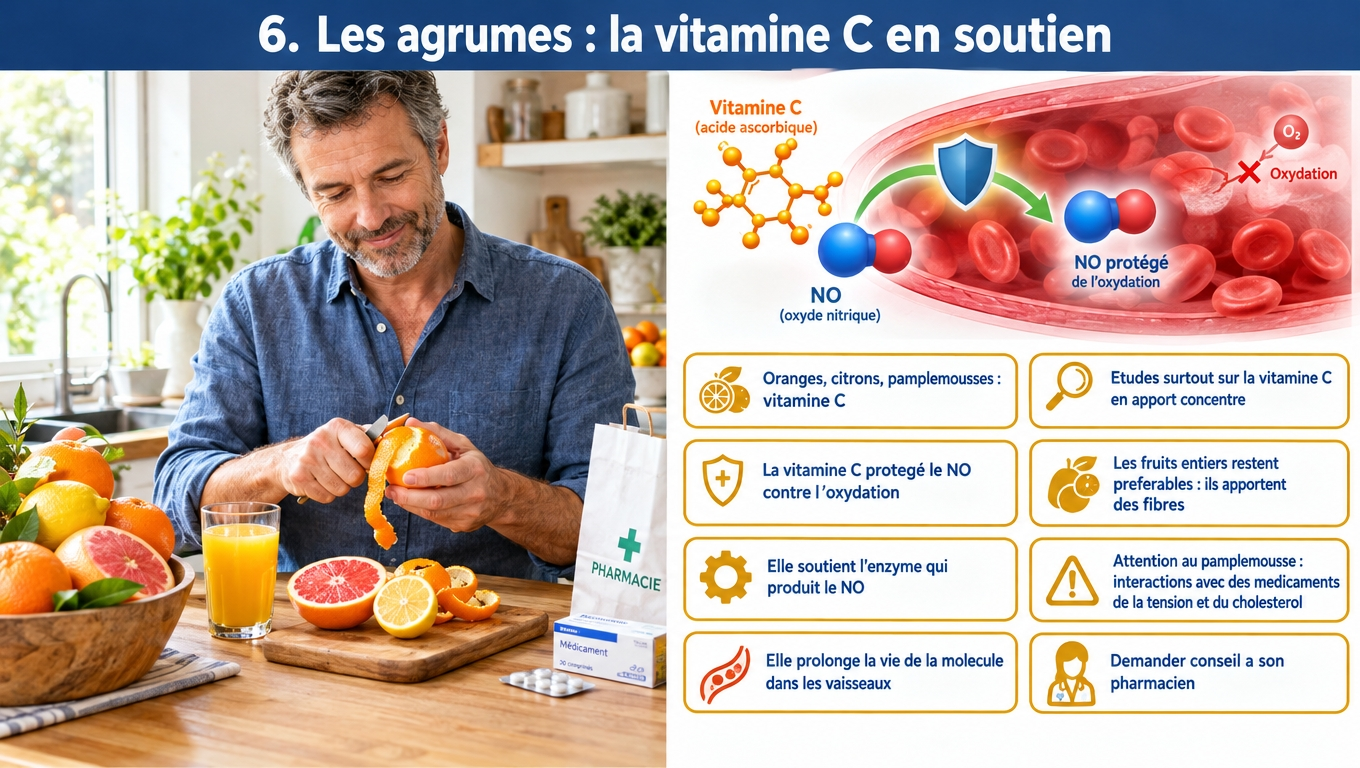 Vitamine C des agrumes : elle protège le NO de l'oxydation et soutient la eNOS. Attention au pamplemousse, qui interagit avec les inhibiteurs calciques et les statines.
